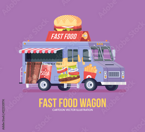 Colorful vector fast food truck. Street cuisine. Burgers, sanwiches, french fries. Food truck. Modern flat illustration.