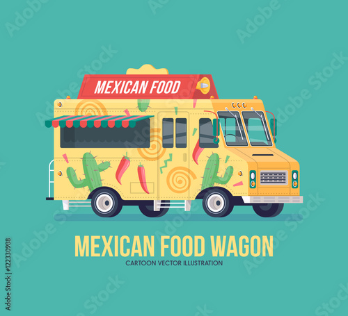 Colorful vector Mexican traditional cuisine truck. Street cuisine. Food truck. Modern flat illustration.