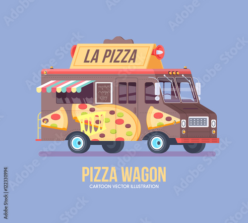 Colorful vector pizza truck. Modern flat illustration.