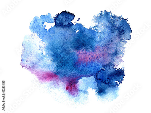 Blue and violet watery illustration.Abstract watercolor hand drawn image.Wet splash.White background.