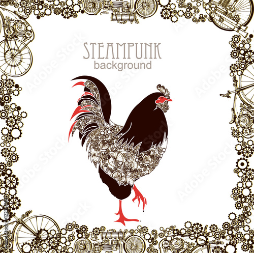 Mechanical Rooster in Steampunk Style. Edwardian Frame With Cock Animal. Vector