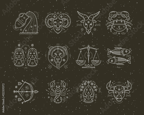 Collection of thin line astrology and zodiac symbols. Graphic design vector elements.