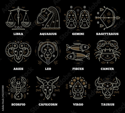 Zodiacal and astrological symbols. Graphic design vector elements.