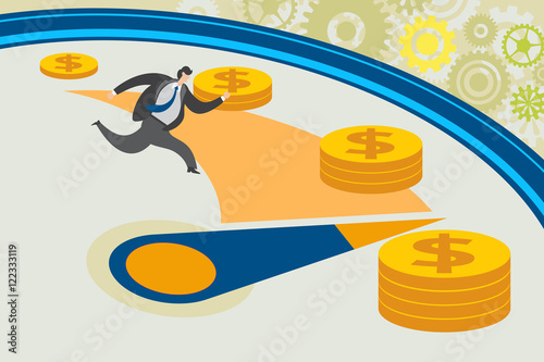 Business concept. Time is money. Businessman is chasing a clock hand with dollar coin around.