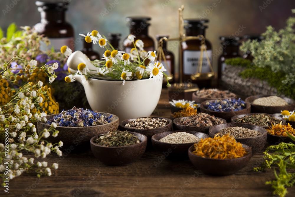 Healing herbs on wooden table, mortar and herbal medicine Healing herbs on wooden table, mortar and herbal medicine