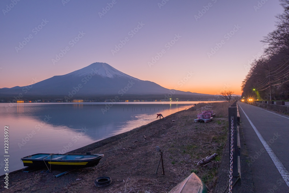 Mount Fuji from lake Yamanaka during sunset in spring