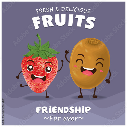 Vintage fruits poster design with vector strawberry & kiwi character.