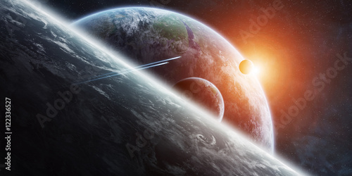 Fototapeta Naklejka Na Ścianę i Meble -  Sunrise over distant planet system in space 3D rendering element