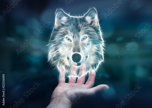 Person holding fractal endangered wolf illustration 3D rendering