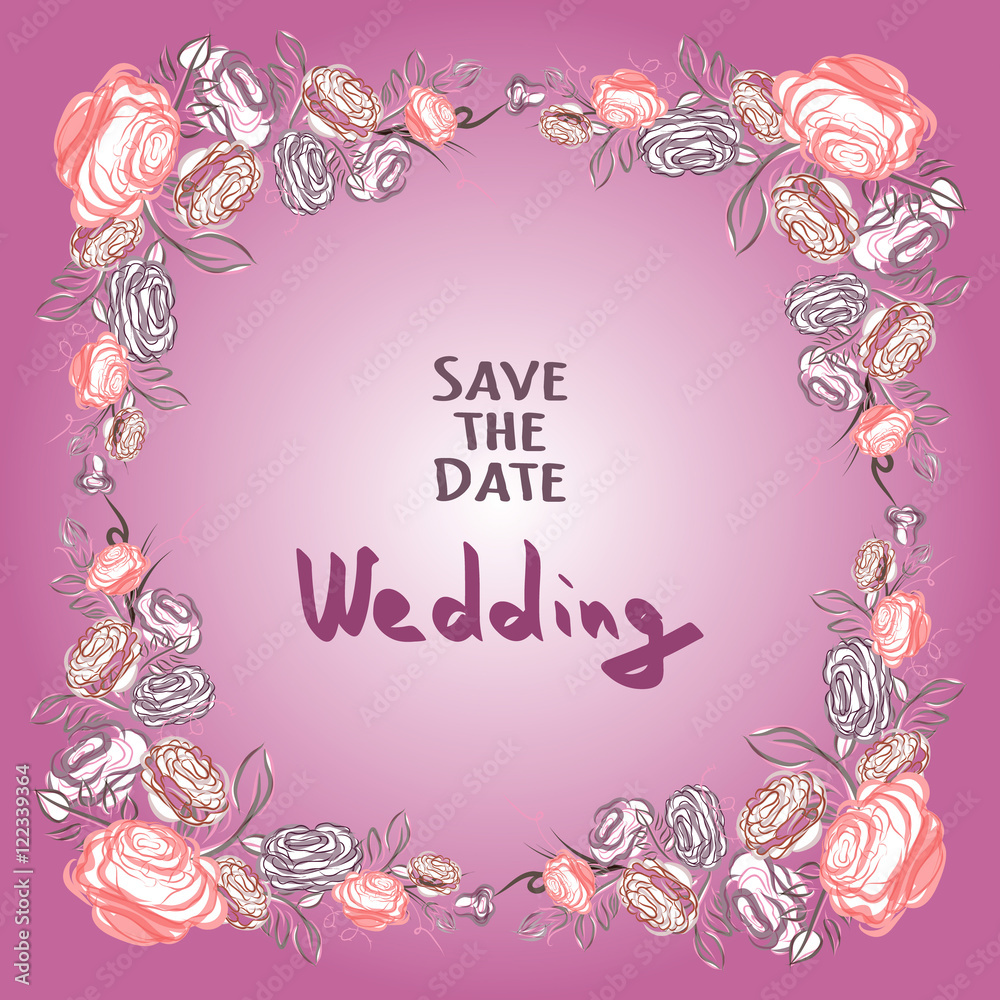 Invitation for wedding with flowers. Save the date. Red roses for wedding.