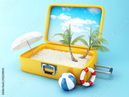 Travel suitcase. beach vacation concept