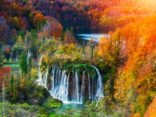 Amazing waterfall and autumn colors in Plitvice Lakes photo