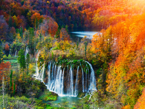 Amazing waterfall and autumn colors in Plitvice Lakes