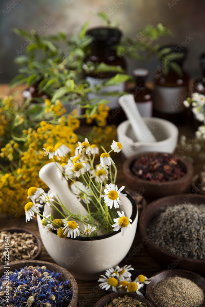 Herbs medicine and vintage wooden desk background