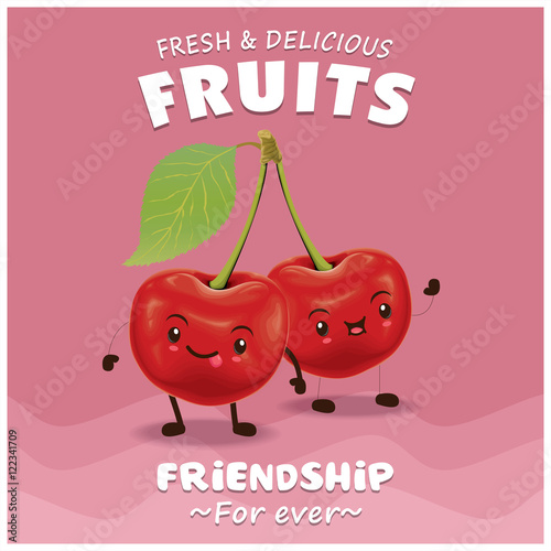Vintage fruits poster design with vector cherry character.