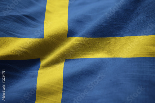 Photography Closeup of Ruffled Sweden Flag, Sweden Flag Blowing in Wind