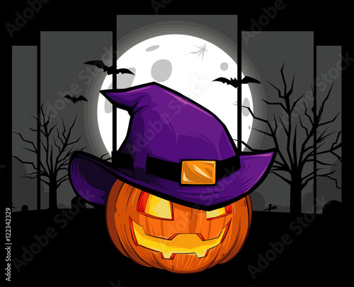 Calabaza con sombrero de  brujas fondo de luna llena