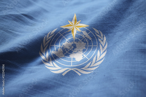 Closeup of Ruffled World Meteorological Organization Flag, World
