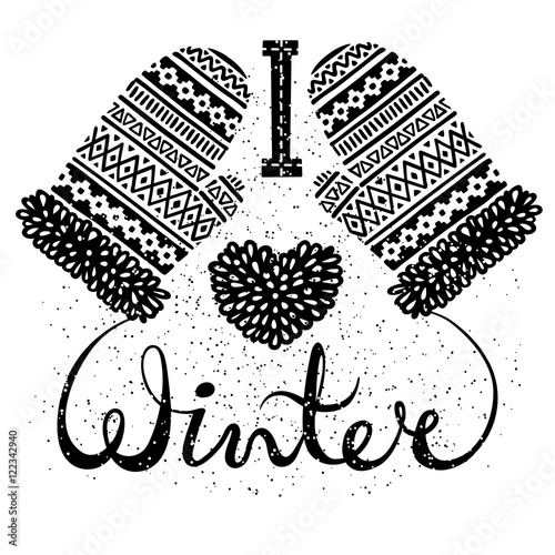 I love winter text and knitted woolen mittens heart. Seasonal shopping concept design for the banner or label.
