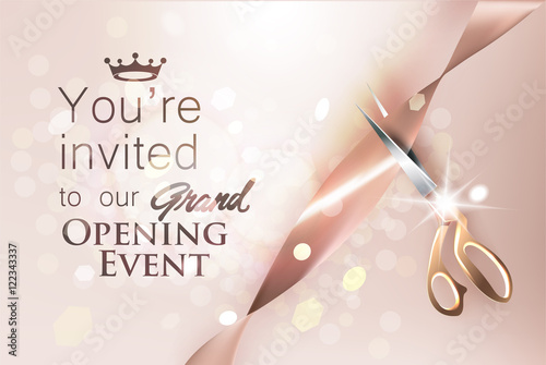 Grand opening beige invitation card with satine ribbon and scissors