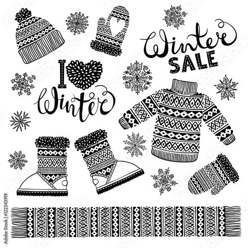 Set drawings knitted woolen clothing and footwear. Sweater, hat, mitten, boot, scarf with patterns, snowflakes. Winter sale shopping concept to design banners, price or label.