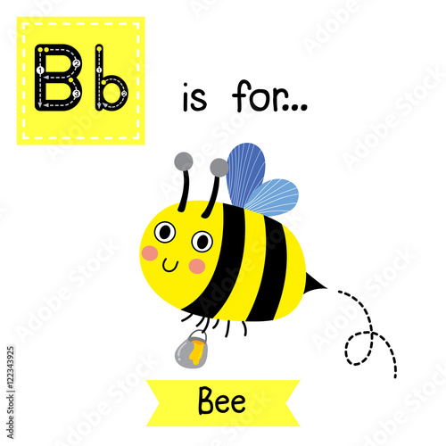 B letter tracing. Happy Bee flying with a jar of  honey. Cute children zoo alphabet flash card. Funny cartoon animal. Kids abc education. Learning English vocabulary. Vector illustration.