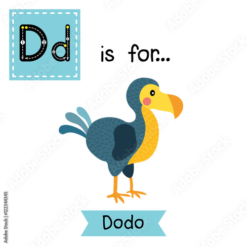 D letter tracing. Dodo bird. Cute children zoo alphabet flash card. Funny cartoon animal. Kids abc education. Learning English vocabulary. Vector illustration.