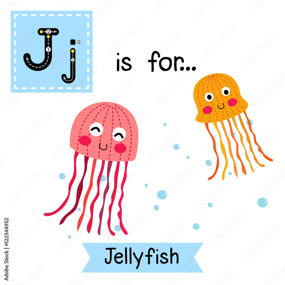 J letter tracing. Pink and orange Jellyfish. Cute children zoo alphabet ...