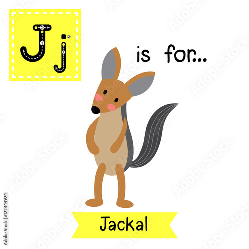 J letter tracing. Jackal. animal standing on two legs cartoon character. Isolated on white background. Vector illustration.
