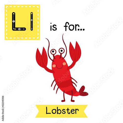 L letter tracing. Lobster. Cute children zoo alphabet flash card. Funny cartoon animal. Kids abc education. Learning English vocabulary. Vector illustration.