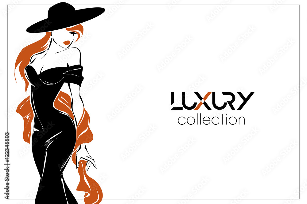 Black and white fashion woman, redhead model with boutique logo background  Stock Vector | Adobe Stock