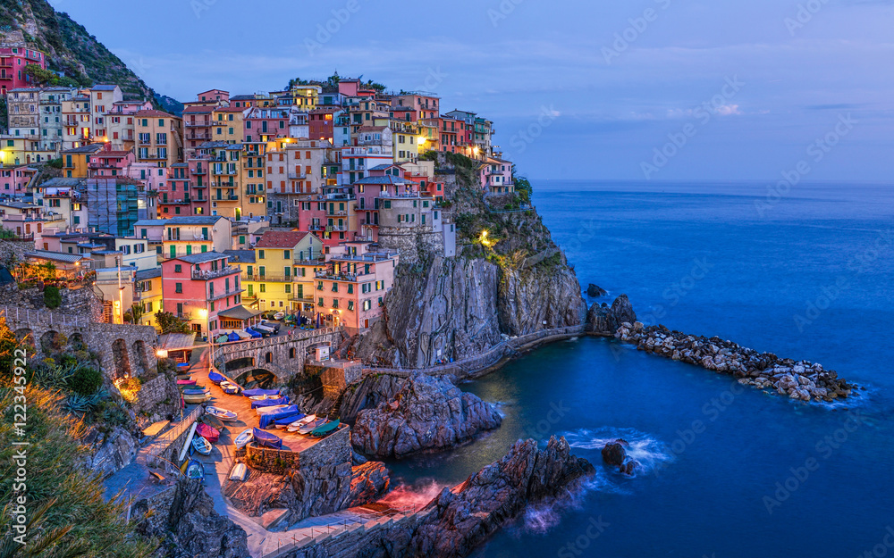 Night beautiful Manarola - one of the towns in the Cinque Terre (Liguria, Italy)