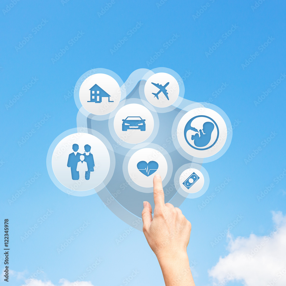 Insurance concept with hand pressing a button Insurance concept with hand pressing a button