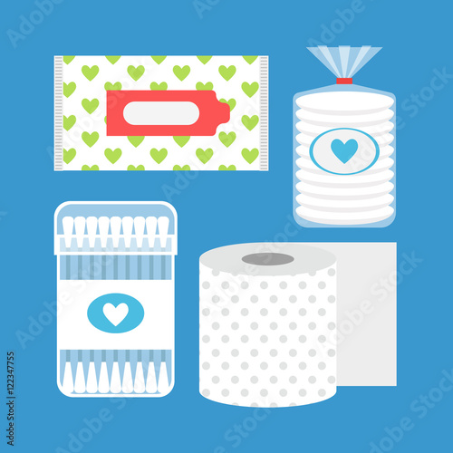 Set of hygiene products - toilet paper, round sponges, ear sticks and napkins