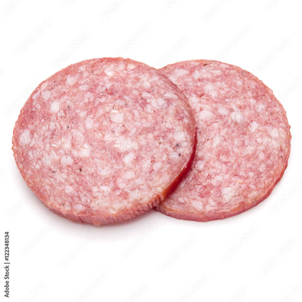 Salami smoked sausage two slices isolated on white background cu Salami smoked sausage two slices isolated on white background cu