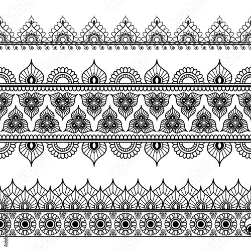 Border line lace mehndi elements in Indian style for card and tattoo isolated on white background.