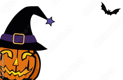 Big friendly Halloween Pumpkin with witch hat and bat in the Background