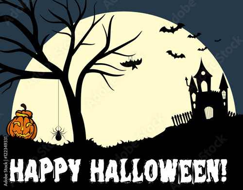 Halloween Scenery with Pumpkin bats spider and creepy house in the moonlight
