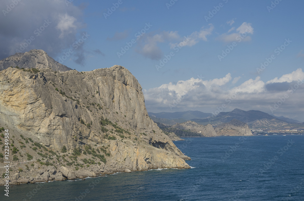 View from cape Kopchik in Black Sea to the mountain Koba-Kaya in the village of Novy Svet in the Crimea, Russia, Ukraine