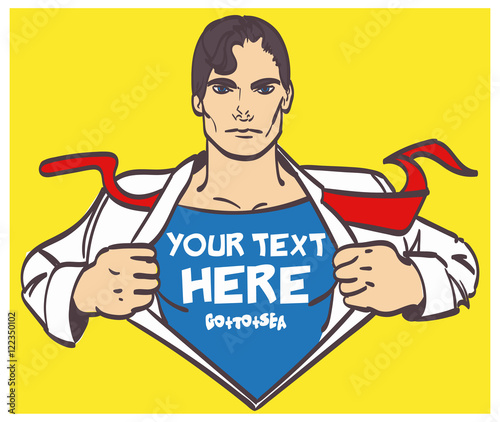 Super hero nice drawing male businessman pop art retro vector illustration with place for signature. Eps 10 on layers for you comfort.