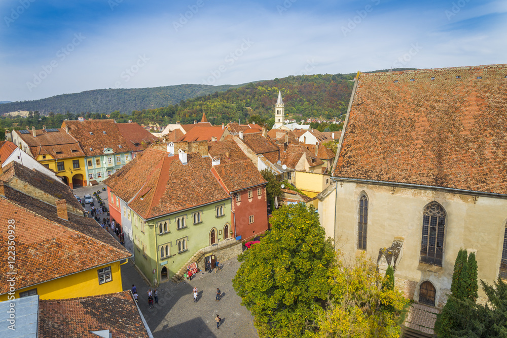 Cityscape of Sighisoara citadel, in fall season, the most beautiful and medieval town of Transylvania, in Romania