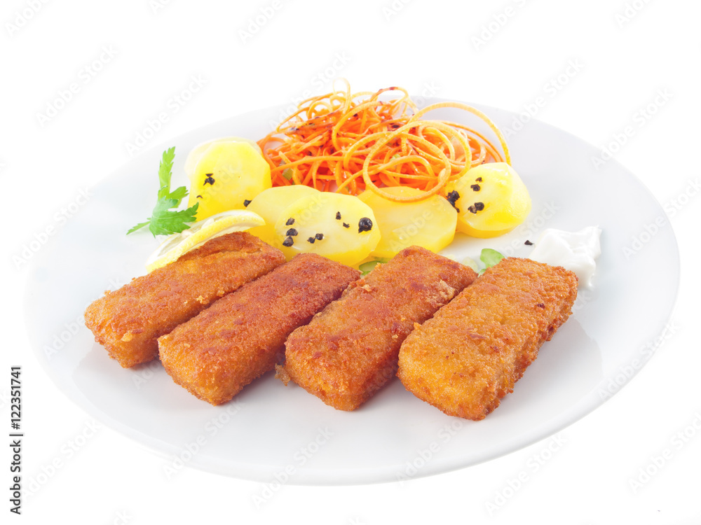 breaded tofu sticks with boiled potatoes, raw carrot balsamic salad and vegan mayonnaise breaded tofu sticks with boiled potatoes, raw carrot balsamic salad and vegan mayonnaise