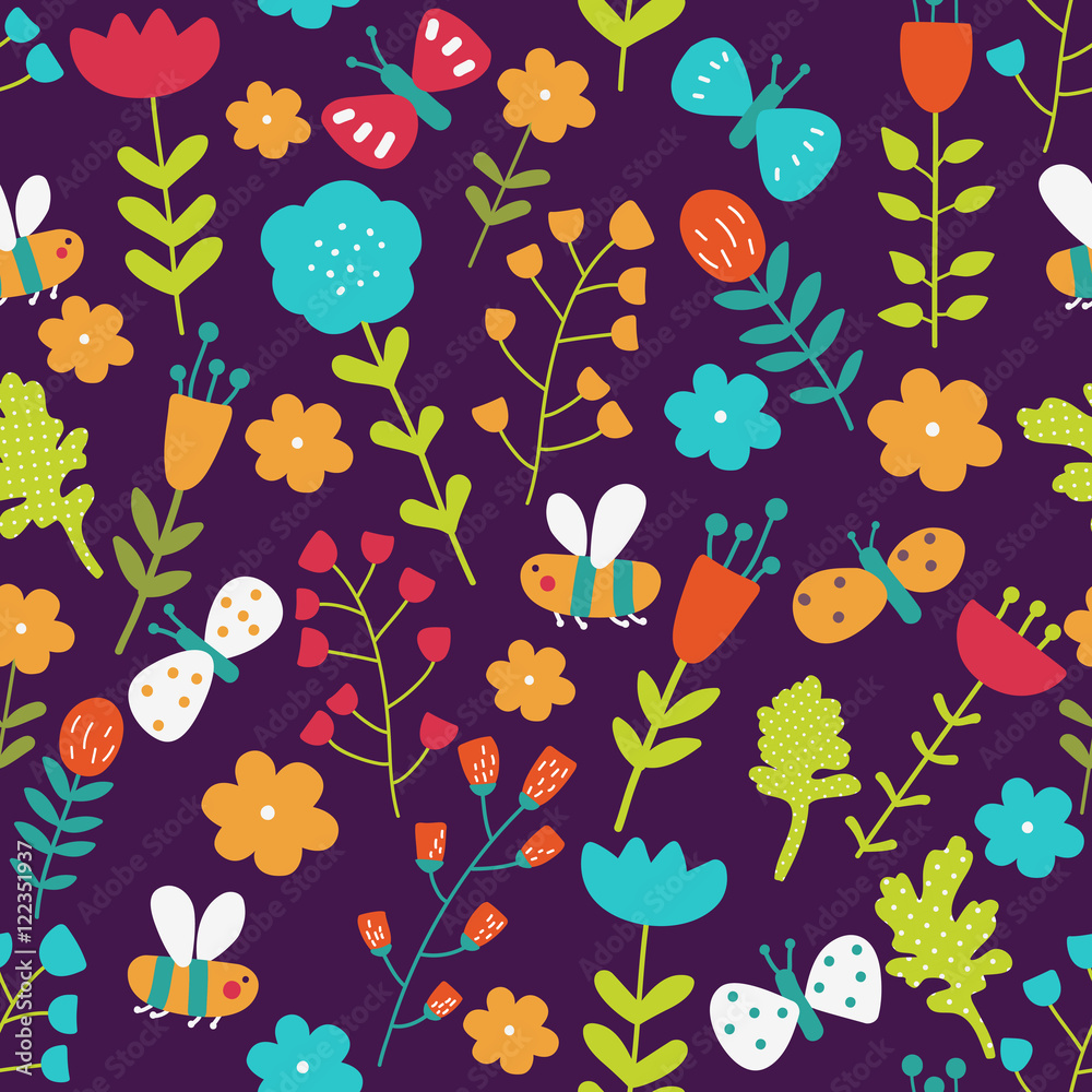 Seamless pattern made of flowers, bees and butterflies