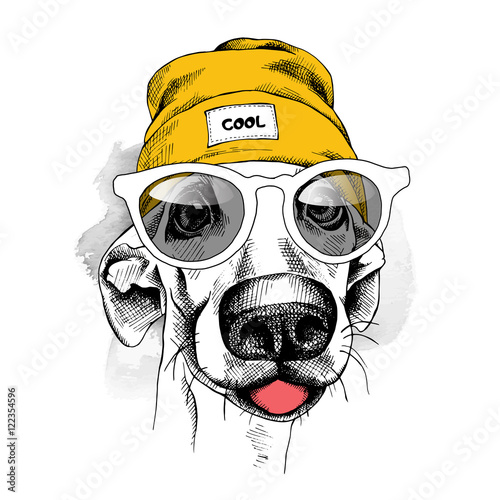 Portrait of dog in a yellow Hipster hat and with glasses. Vector illustration.