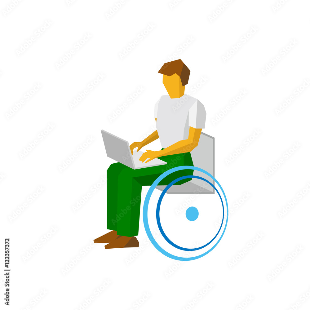 Man in wheelchair working with computer. Paralyzed person types on laptop. Physically disabled communication. Simple style vector clip art isolated on white background. Man in wheelchair working with computer. Paralyzed person types on laptop. Physically disabled communication. Simple style vector clip art isolated on white background.
