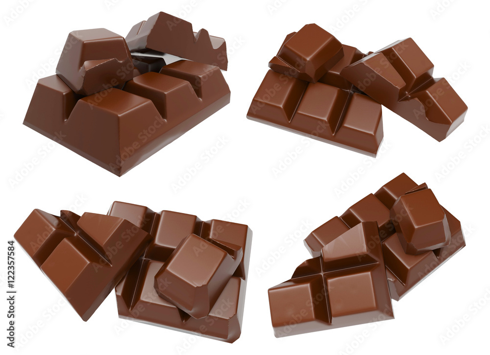 Broken chocolate bar isolated on white background. 3D rendering Broken chocolate bar isolated on white background. 3D rendering