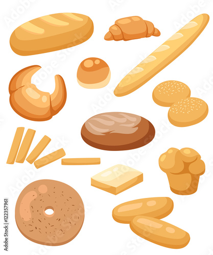 Bread set. Bakery and pastry products icons set with various sorts of bread, sweet buns, cupcakes, dough.