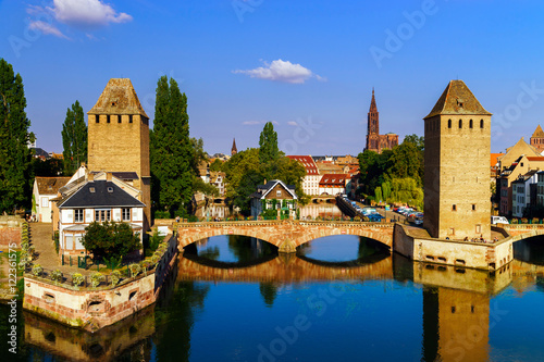 Old historical center of Strasbourg. Fortress towers and briges