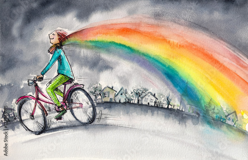 Fototapeta Man on bicycle in gray day.His colorful kerchief around his neck transforms into rainbow.Picture created with watercolors.