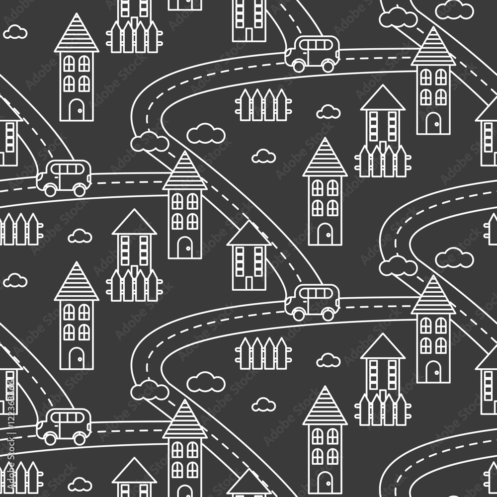 Fototapeta premium Outline village seamless vector pattern. Rural landscape with road, houses, car and fields repeat background. White line style dark grey hamlet.